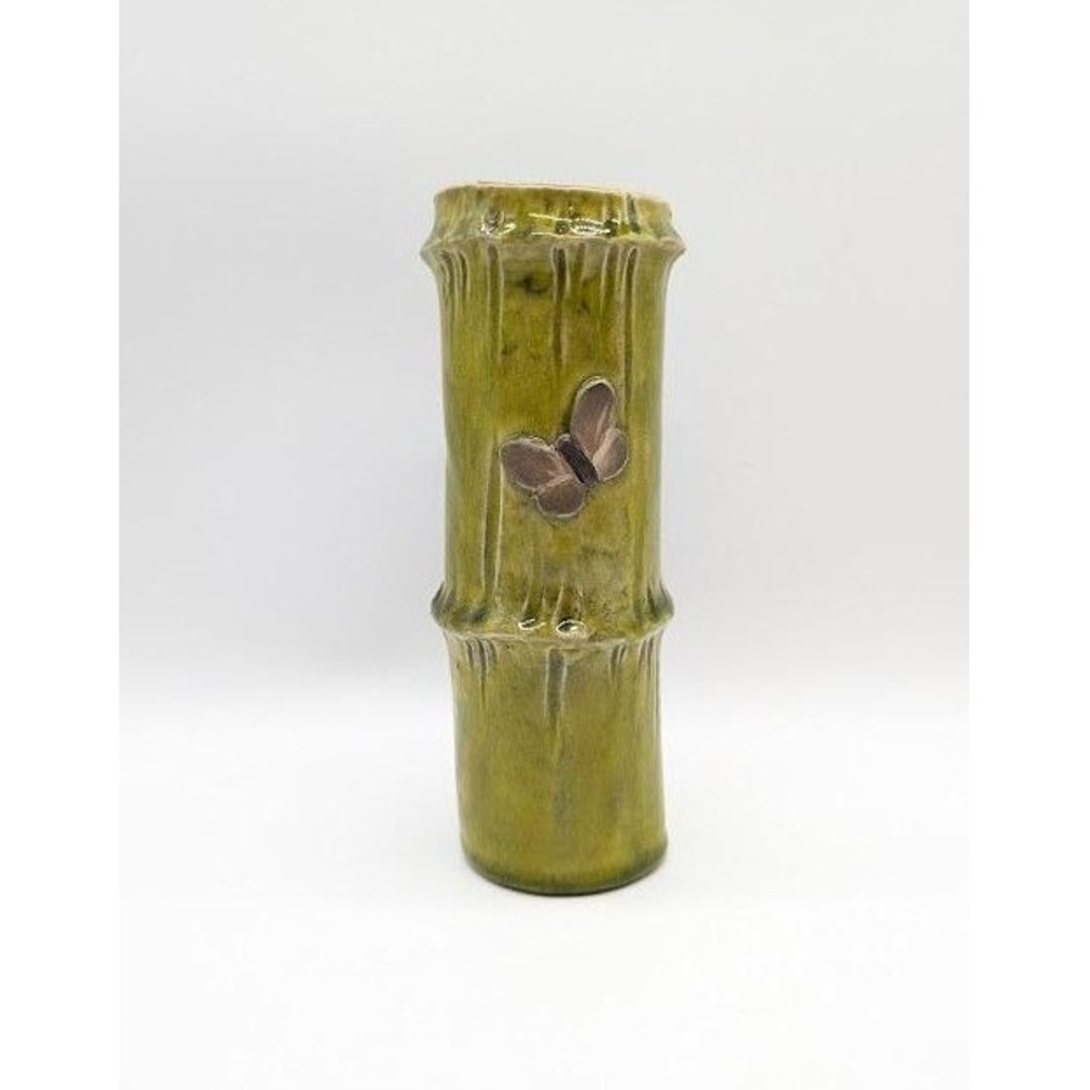 Vintage Handmade Studio Pottery Ceramic Bamboo Style Floral Vase 7" Butterfly